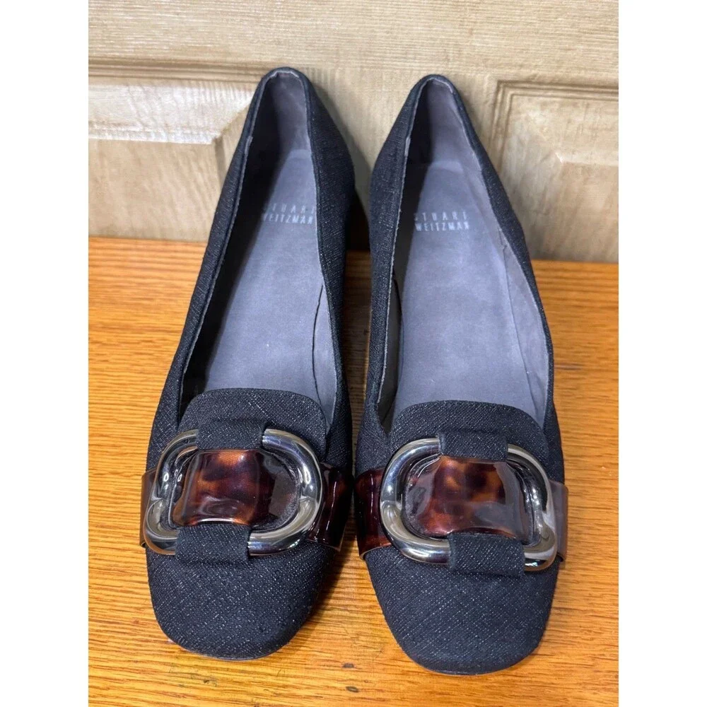 Stuart Weitzman Black Textured Fabric Wedge Ballet Pumps w Buckle Bling 8M